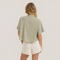 Roark Bless Up Cropped Button Up Shirt in Sage Stripe - Women