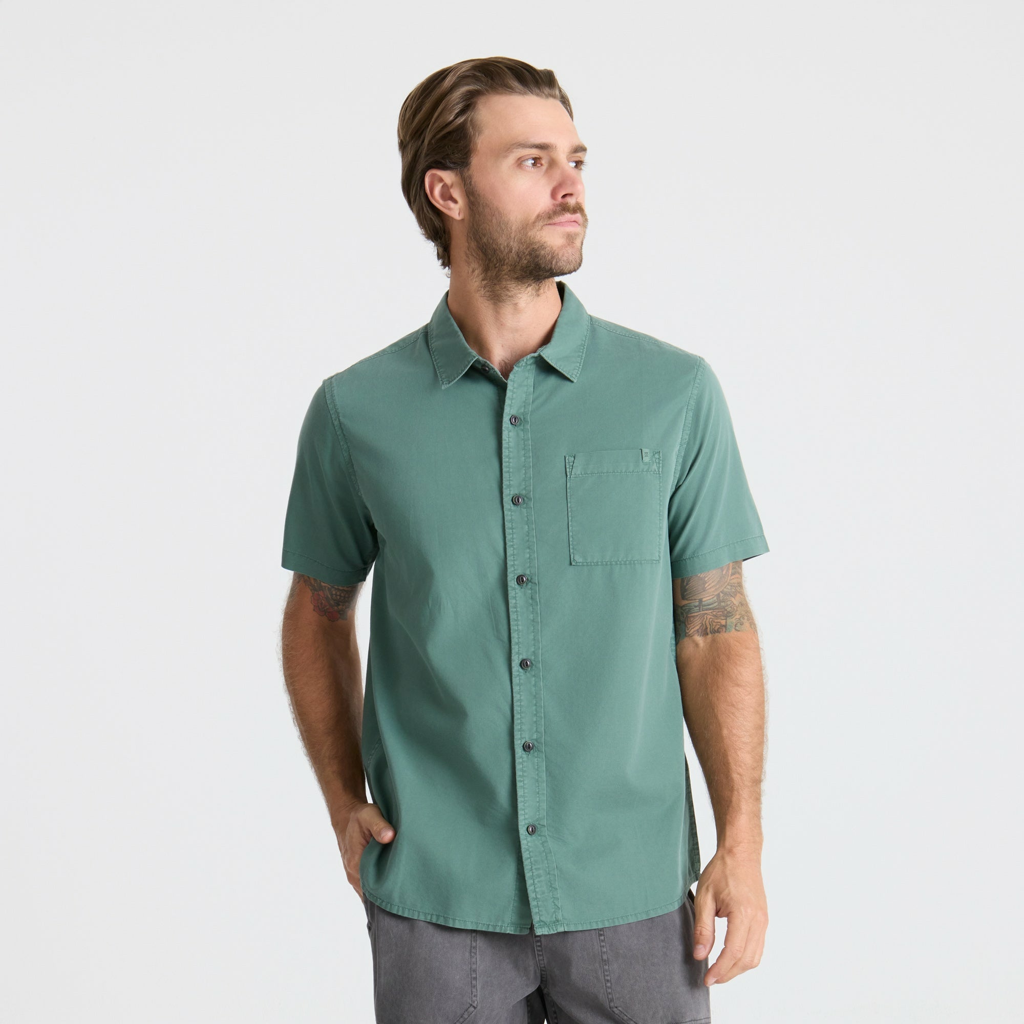 Roark Made To Fade Short Sleeve Button Up Shirt in Washed Slate Green - Men