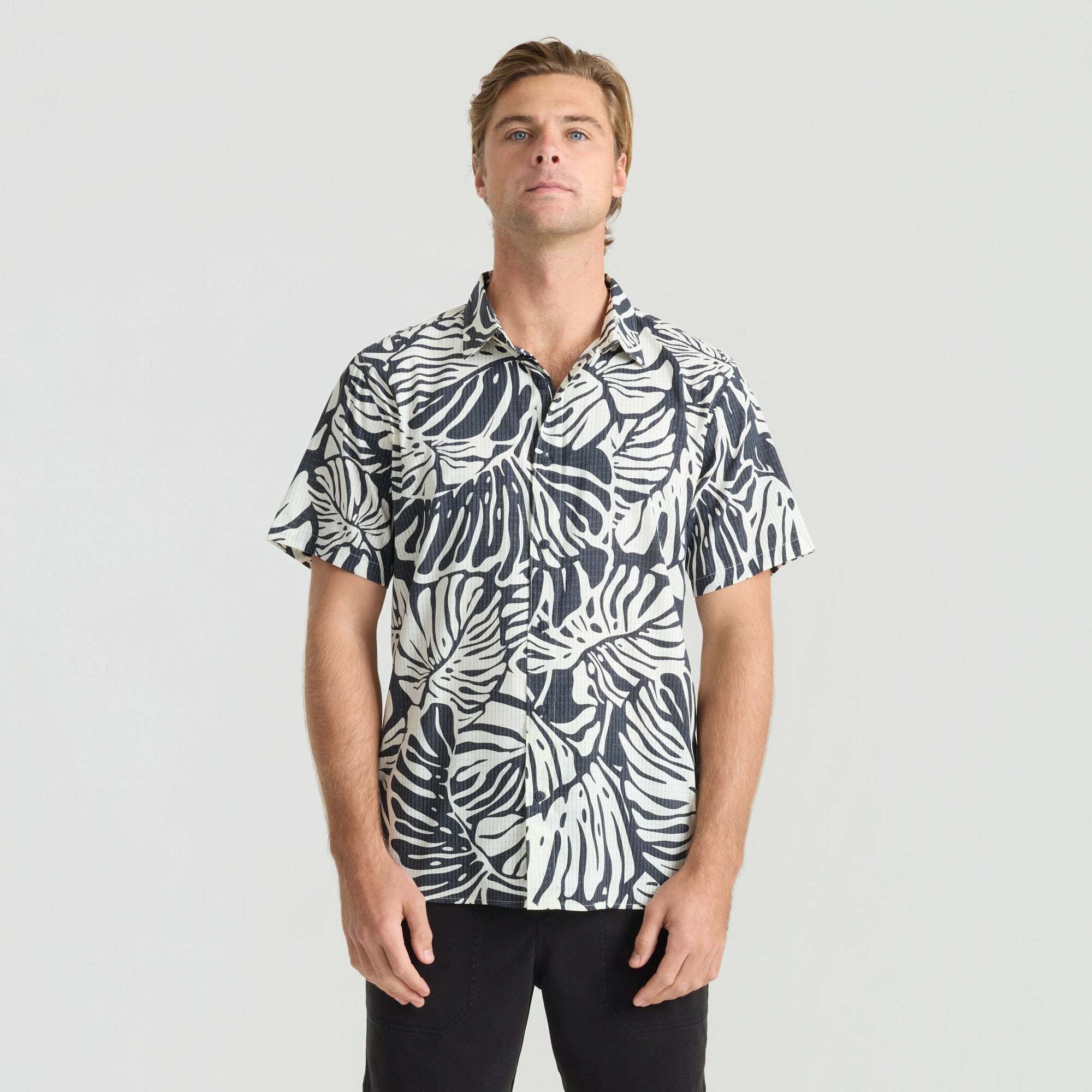 Roark Bless Up Breathable Stretch Shirt in Black Monstera - Men