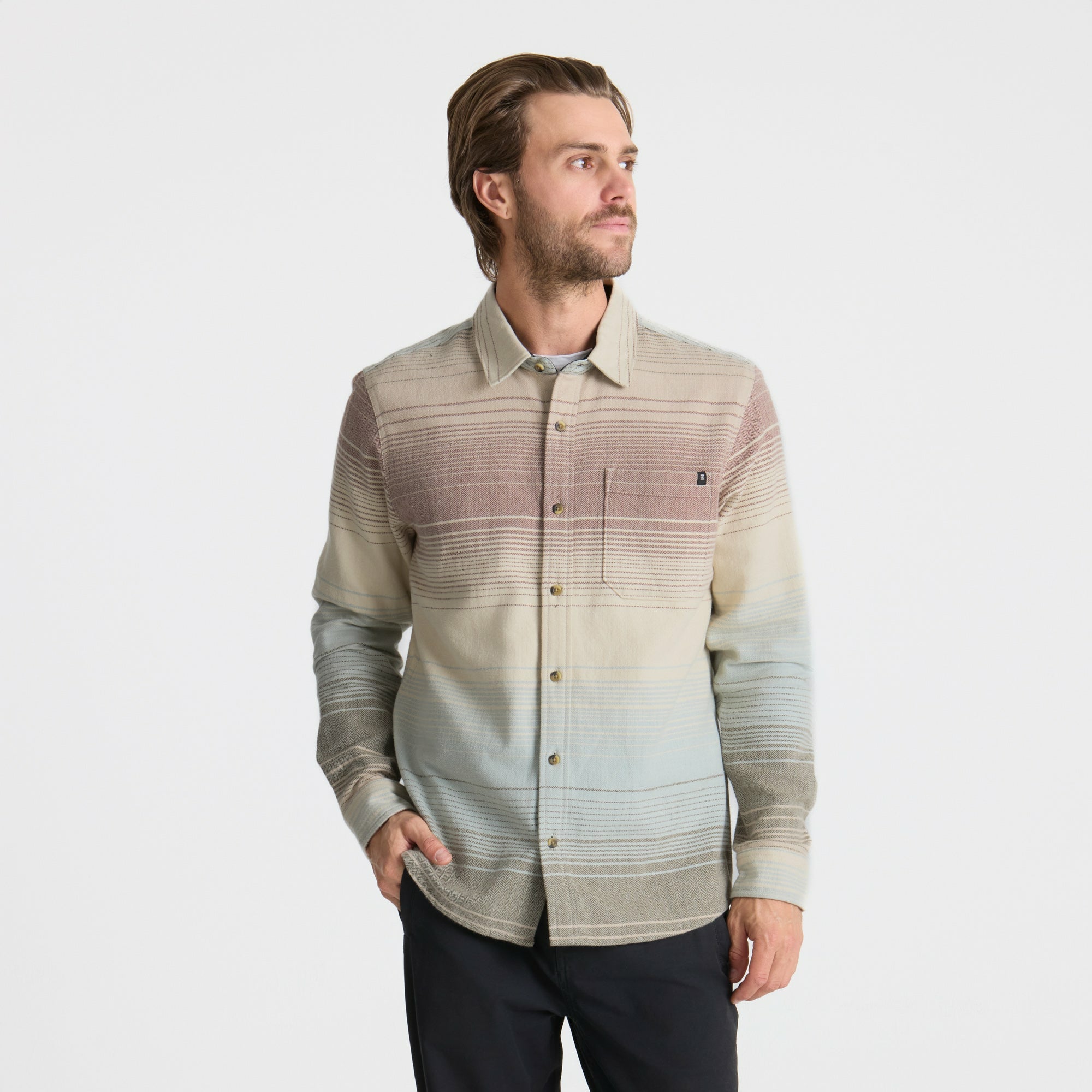 Roark Crossroads Organic Cotton Flannel in Fossil Stripe - Men