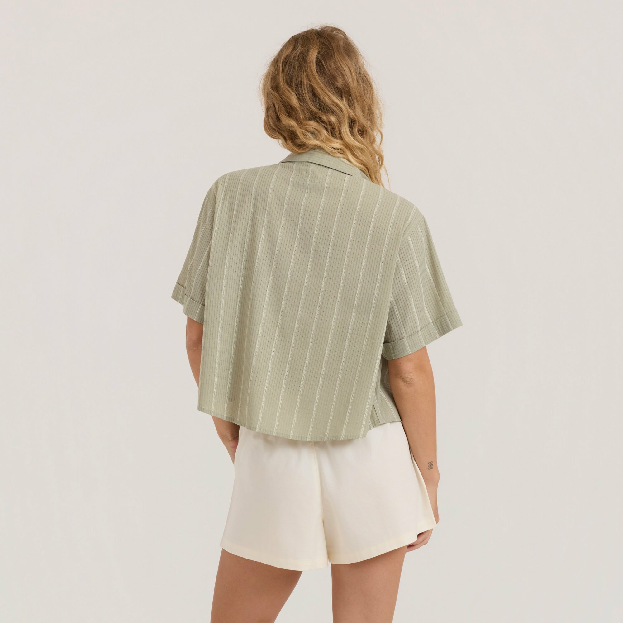 Roark Bless Up Cropped Button Up Shirt in Sage Stripe - Women