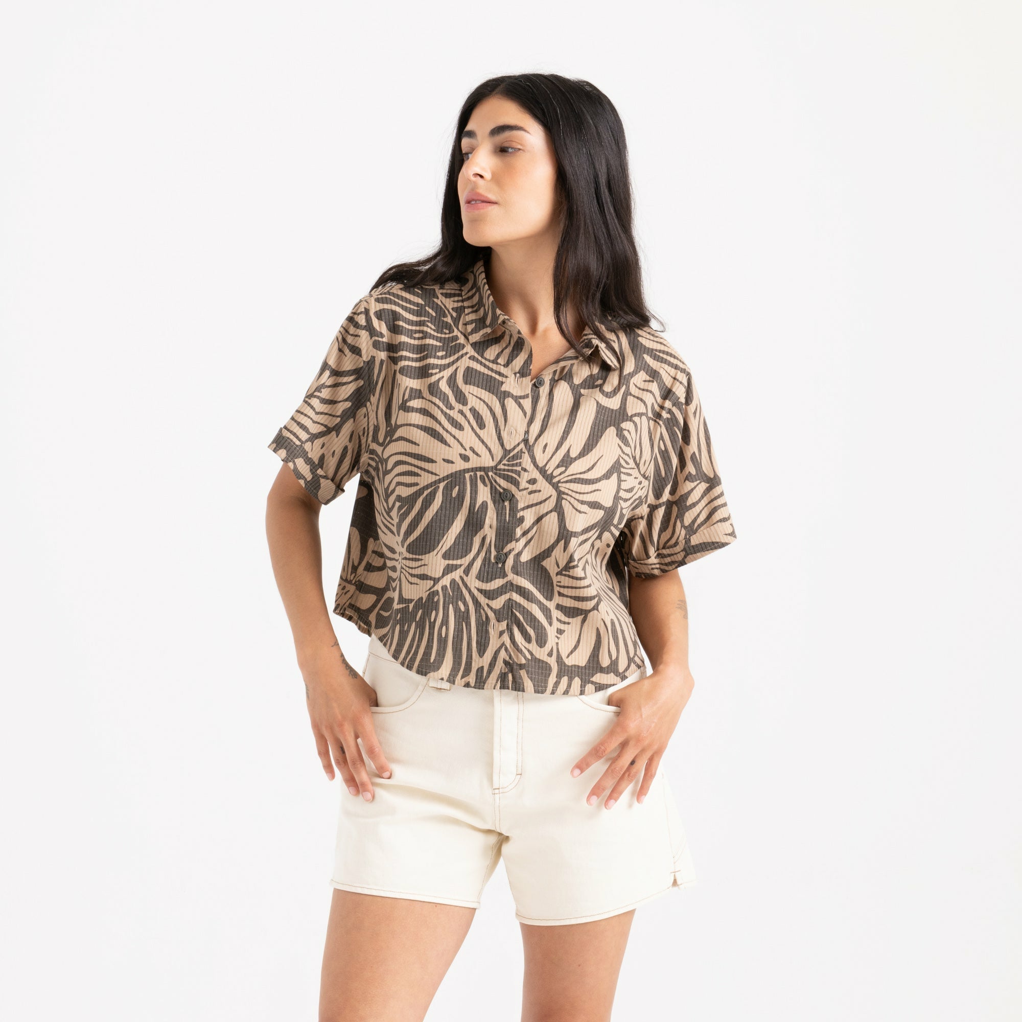 Roark Bless Up Cropped Button Up Shirt in Khaki - Women