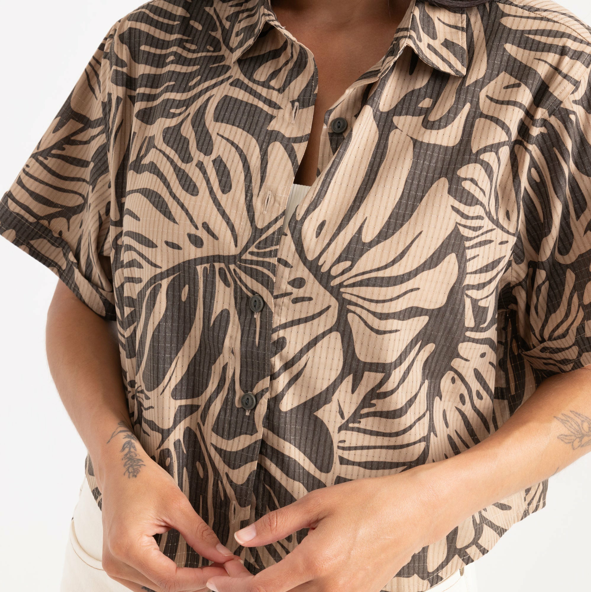 Roark Bless Up Cropped Button Up Shirt in Khaki - Women